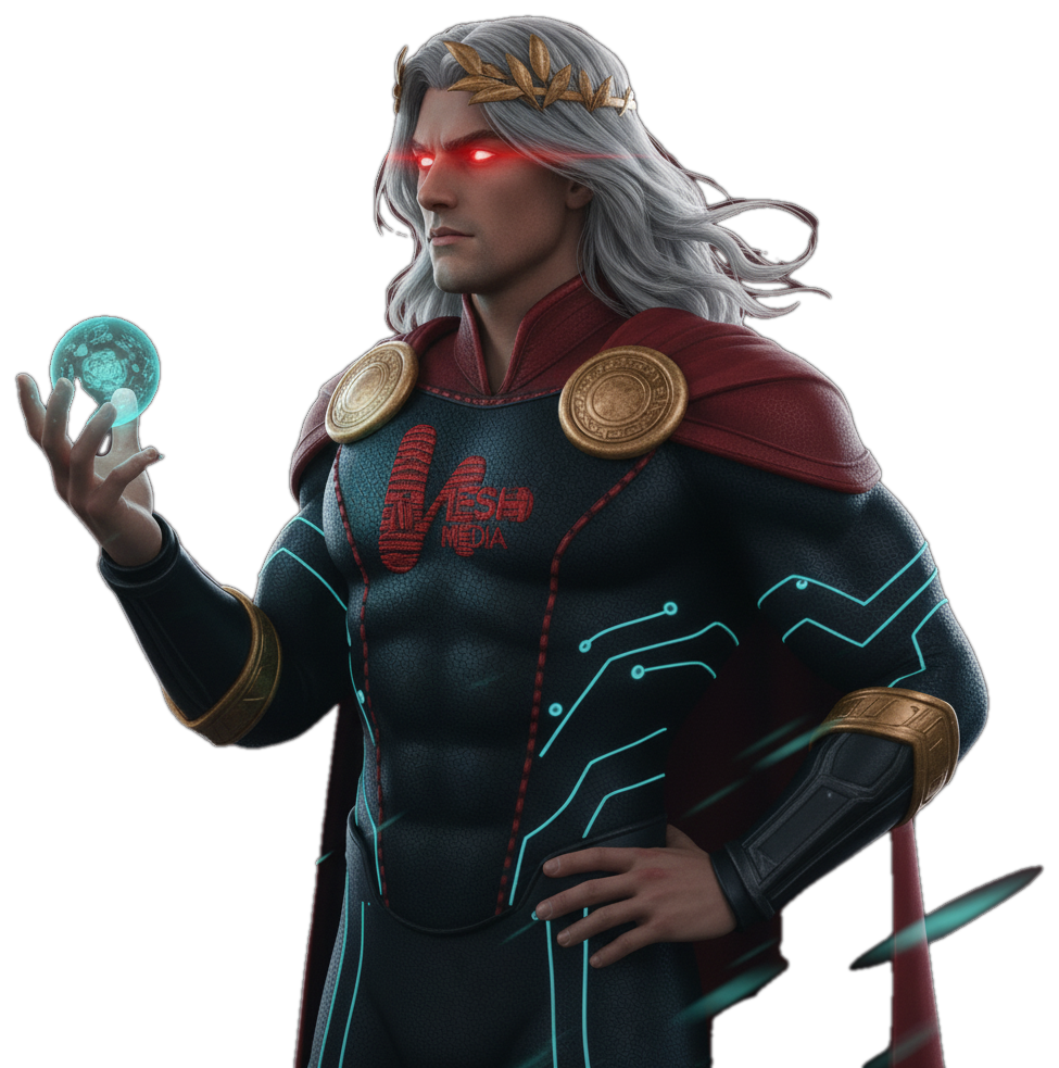 Aether, the Mesh Media guardian: silver-haired figure with a golden laurel, red cape and circuit-lined suit, holding a teal orb